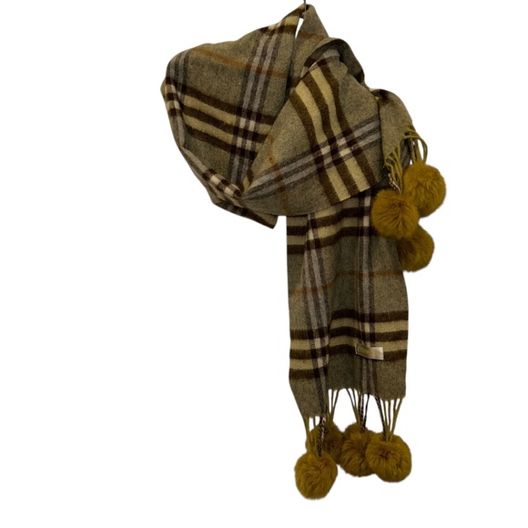 CASHMERE Olive chartreuse rabbit fur balls trim Nova Check Plaid Shawl Wrap FALL - Picture 5 of 6